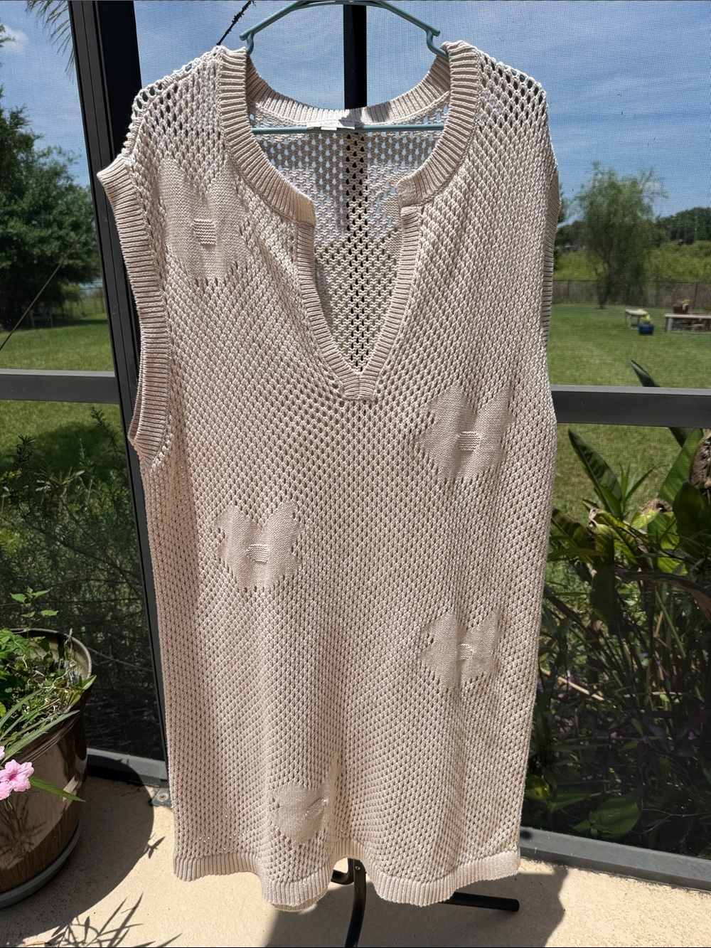 LOFT cotton Cream Open-Knit V-Neck oversized Swim Coverup